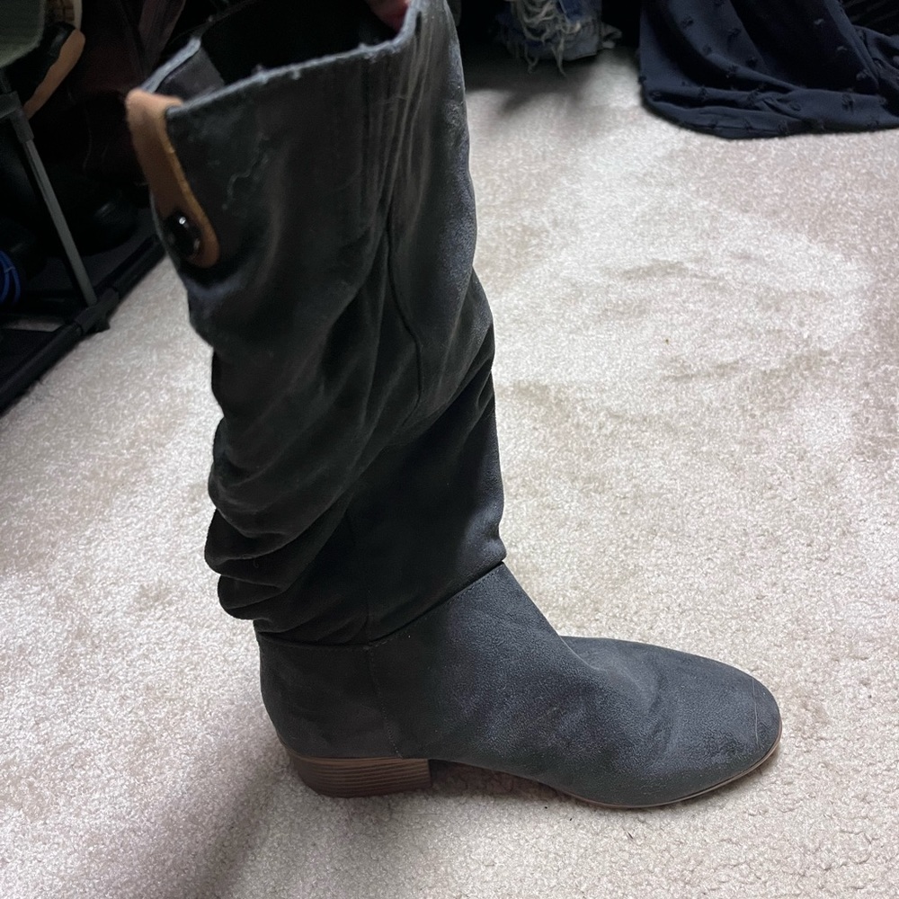 Gray faux suede mid calf boots - brown snap detail on back